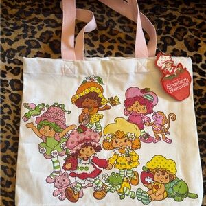 Strawberry Shortcake Beige Canvas Tote with Pink Handles